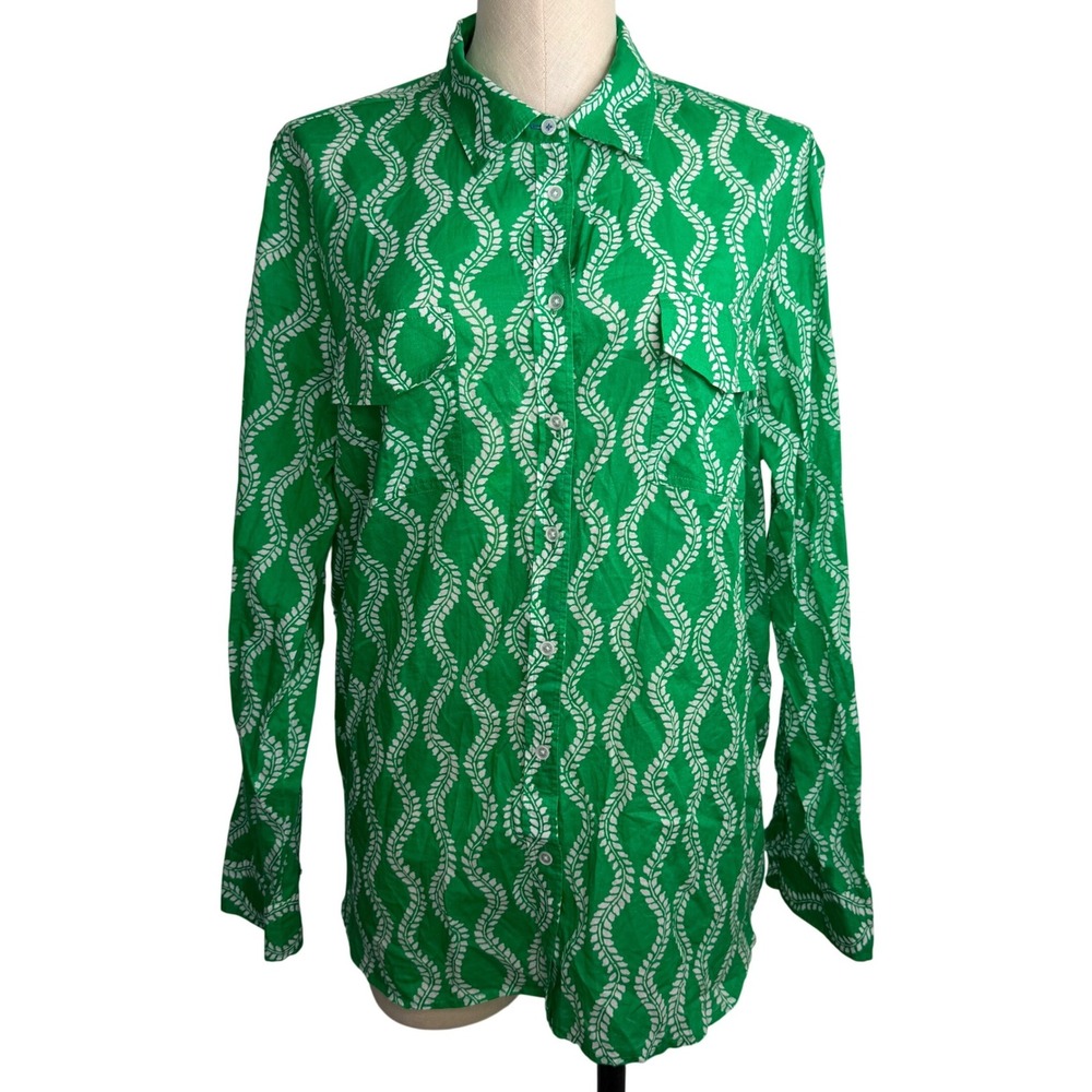 Talbots LARGE Long Sleeve Button Up Blouse Green Lightweight Coastal Floral Vine